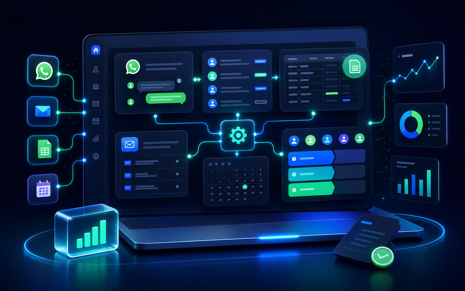 Flujos de automatización conectando CRM, WhatsApp, formularios y reportes operativos