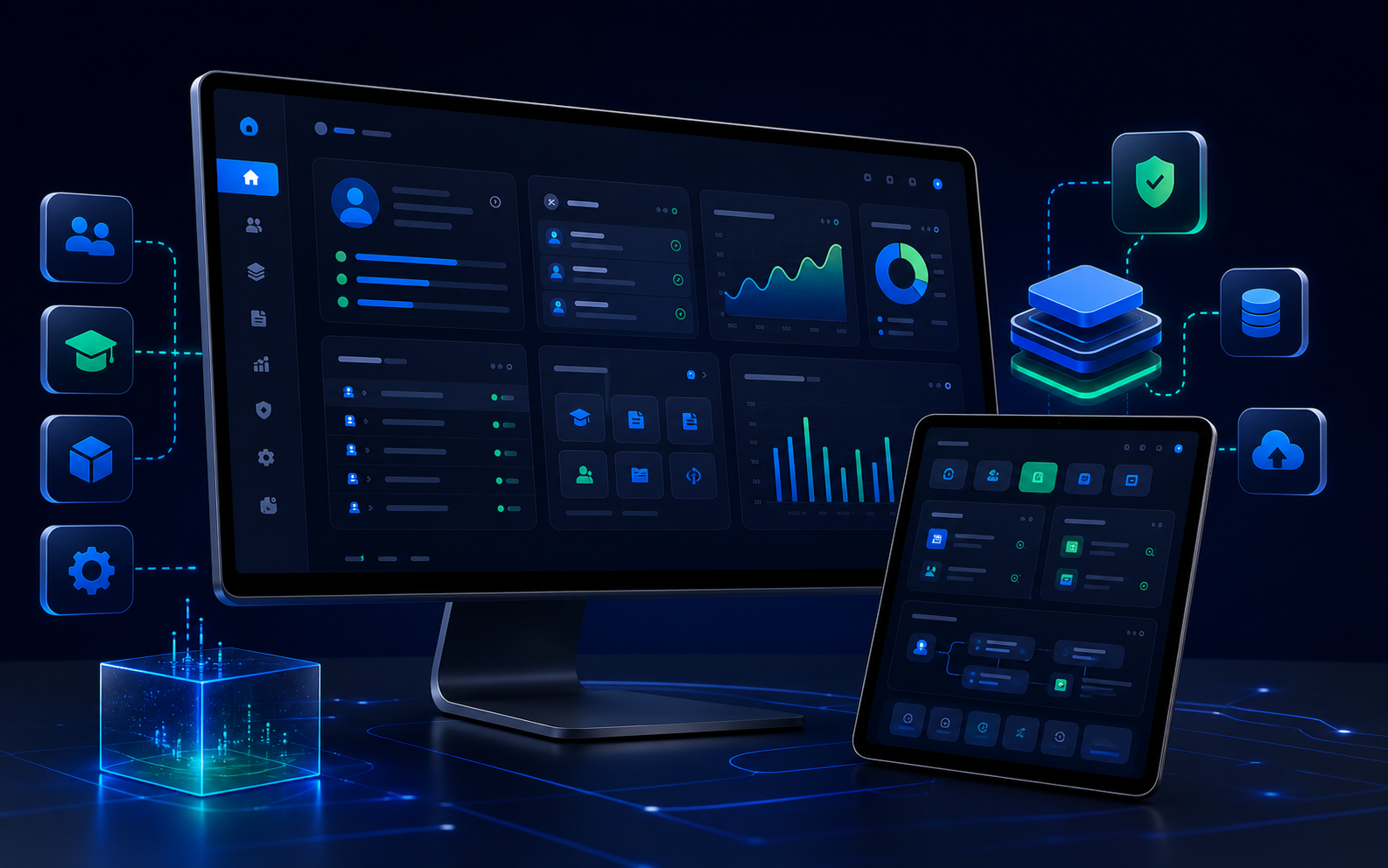Sistema personalizado con módulos administrativos, usuarios, reportes e integraciones