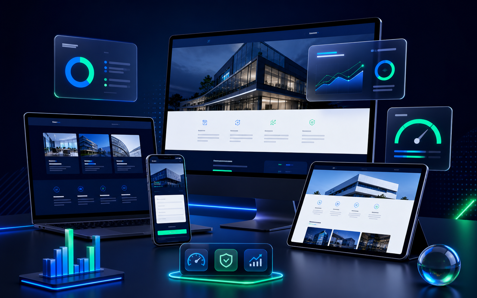 Mockup de presencia digital profesional con sitio institucional, SEO y módulos de conversión